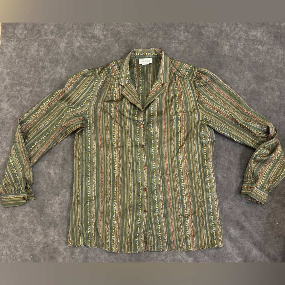 🍃 Women Vintage LEVI STRAUSS & CO Made in USA leaf fall Olive blouse Size 8-10🍂